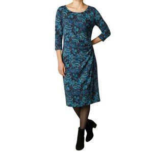 Talbots Blue Paisley Faux Wrap Dress L Midi 3/4 Sleeve Flattering Fit Excellent